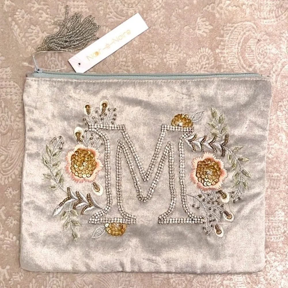 Brand New Set of Velvet Beaded Monogram M Zippered Pouch & Glitter Card Key Case